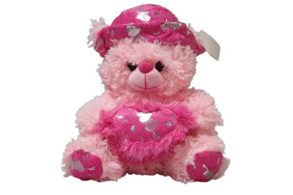 Urso com Coração e Chapéu 25cm - Rosa