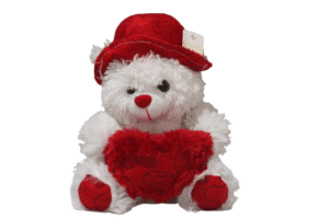 Urso com Coração e Chapéu 25cm - Branco com Vermelho