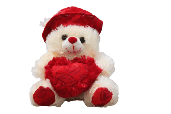 Urso com Coração e Chapéu 25cm – Bege com vermelho